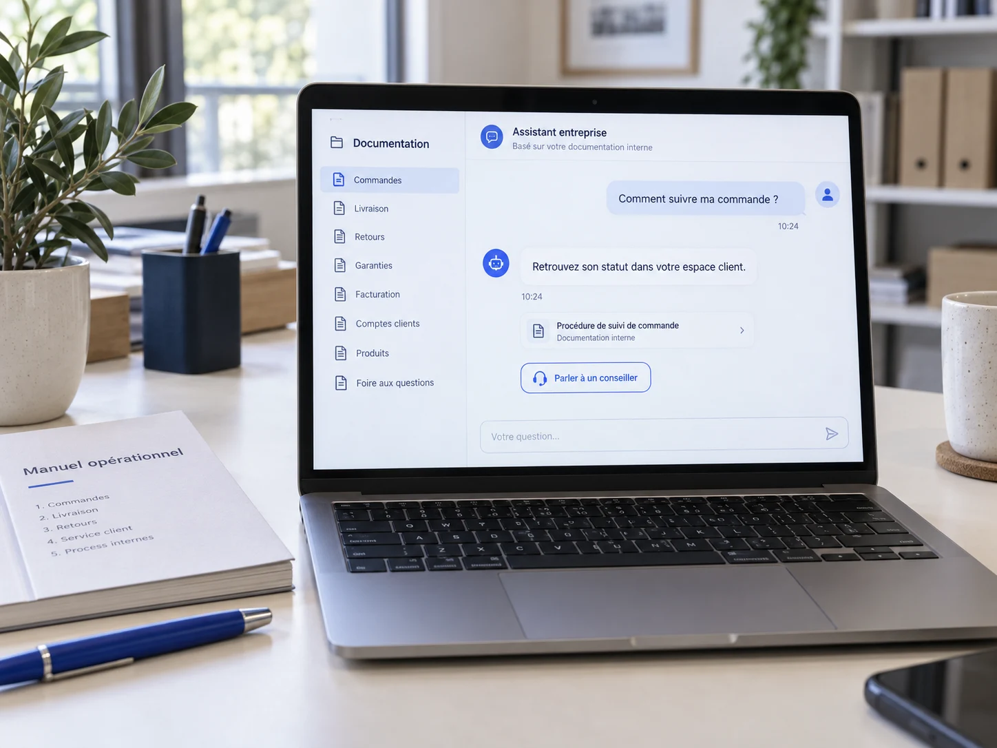 Un assistant répond à une demande client depuis la documentation et propose un relais humain.