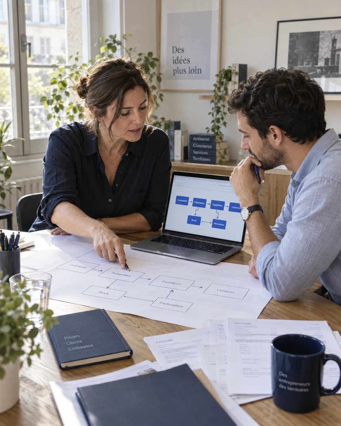 Une dirigeante de PME et un consultant identifient ensemble les processus à simplifier.