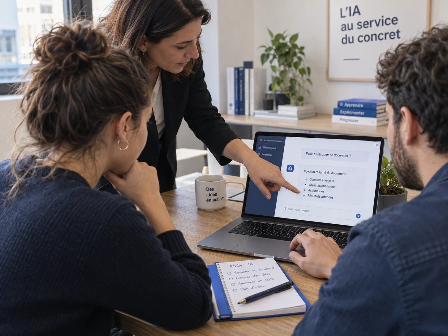 Une formatrice accompagne deux collaborateurs dans la pratique d’un assistant IA.